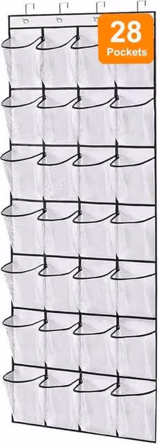 Organizador de zapatos colgante XISRENS con 28 bolsillos grandes de malla, color blanco