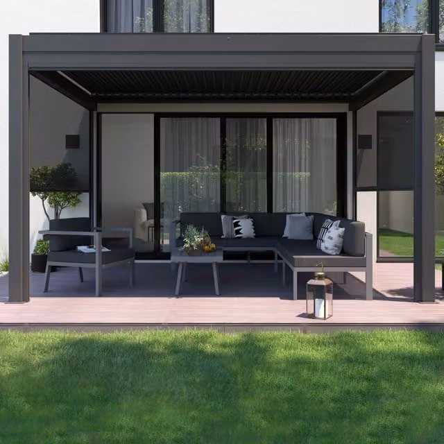 Pérgola bioclimática adosada y motorizada con iluminación Oviala en color gris antracita de 3 x 4 m