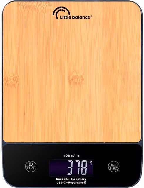Báscula de cocina digital Little Balance LB 8712 recargable por USB en madera color marrón con capacidad de 10 kg