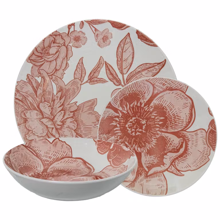 Juego de vajilla de porcelana de 18 piezas con diseño floral en rosa y multicolor