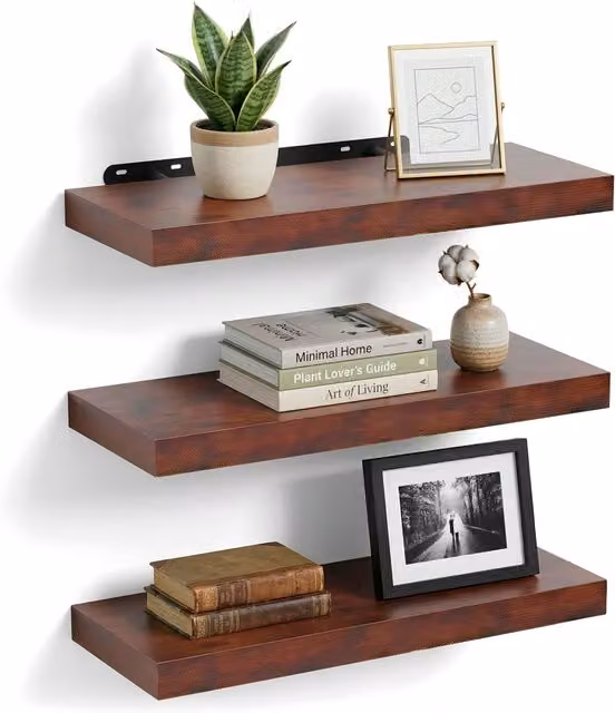 Set de 3 estantes de pared de estilo industrial Relaxdays con acabado efecto madera marrón, fabricados en MDF y hierro, An/Al/P: 60 x 4 x 23 cm
