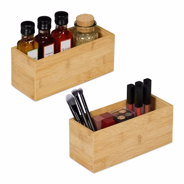 Set de 2 cajas organizadoras de bambú Relaxdays sin tapa para cocina, baño u oficina, color beige y marrón, An/Al/P: 23 x 9,5 x 9 cm