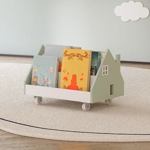 Estantería móvil para niños en.casa Vipsali con forma de casita, 4 compartimentos abiertos, An/P/Al: 50 x 33 x 34 cm - Verde menta/Blanco