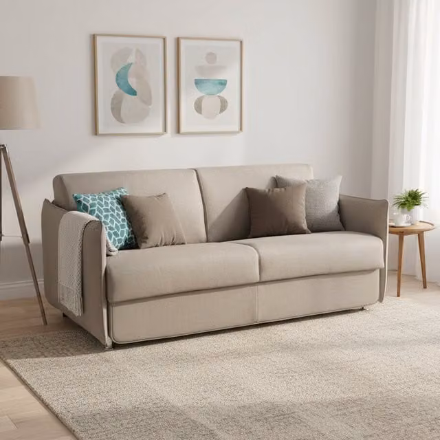 Sofá cama de 3 plazas Gravere de DMORA, desenfundable y con almacenamiento, tapizado en tejido gris tortora, An/P/Al: 200 x 95 x 90 cm