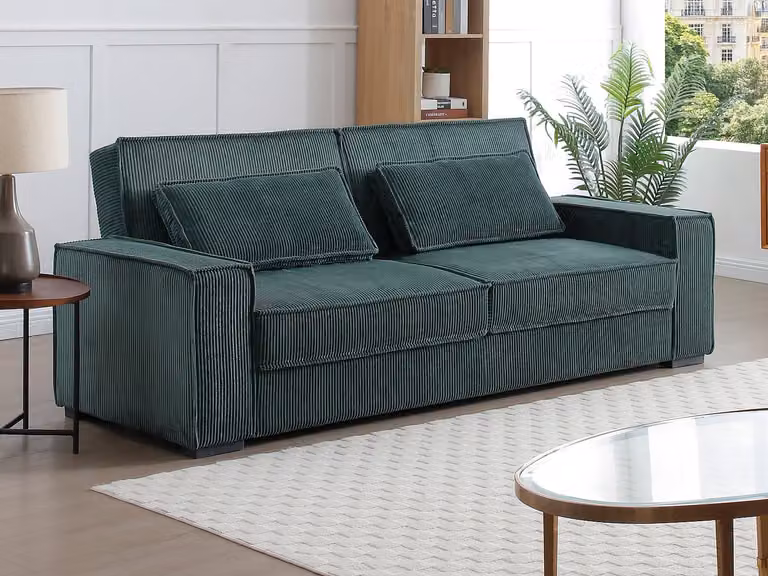 Sofá cama convertible de 3 plazas FINORO en pana verde con estructura de madera sólida y cojines decorativos