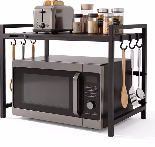 Estantería extensible para microondas Relaxdays de hierro negro con ganchos, An/P/Al: 43,5 x 32–65 x 40 cm