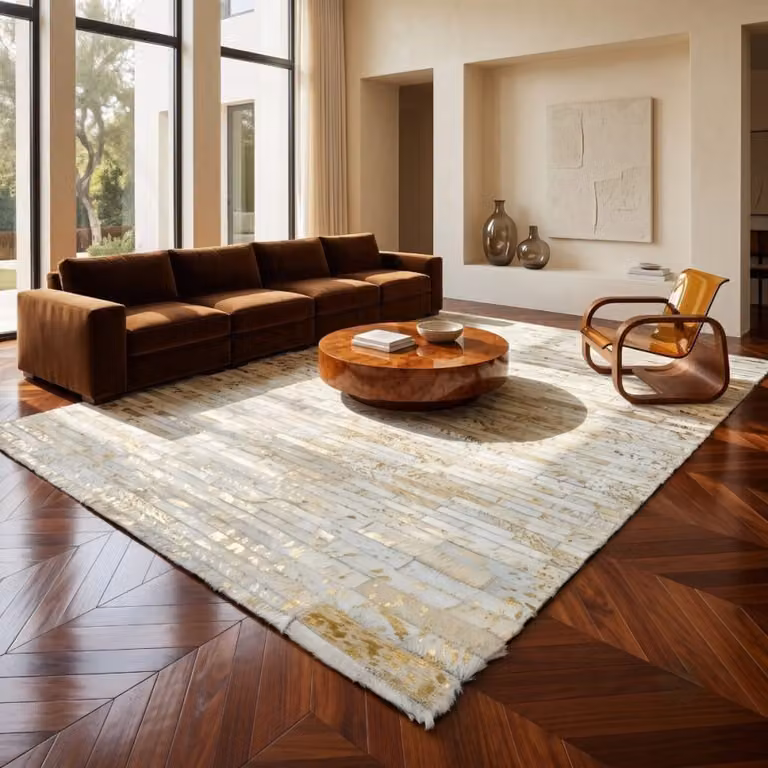 Alfombra patchwork de cuero reciclado The Deco Factory en color dorado y beige, An/P: 160 x 230 cm
