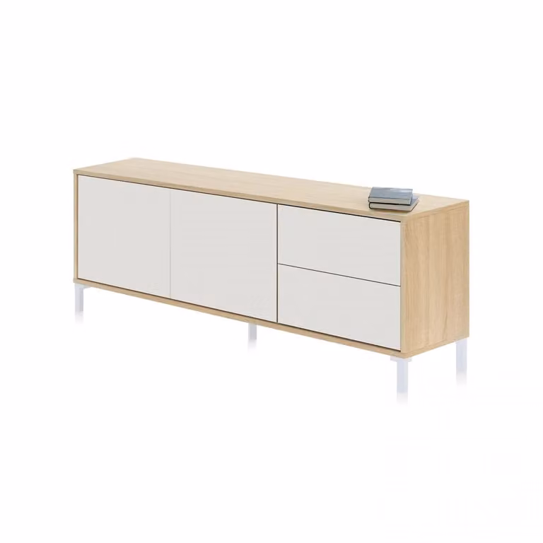 Mueble de TV Lea de DUEHOME con 2 cajones y 2 puertas en blanco mate y roble, An/P/Al: 130 x 47 x 41 cm