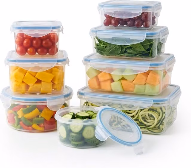 Set de 8 recipientes herméticos Relaxdays de plástico transparente y silicona, apilables y aptos para microondas, congelador y lavavajillas