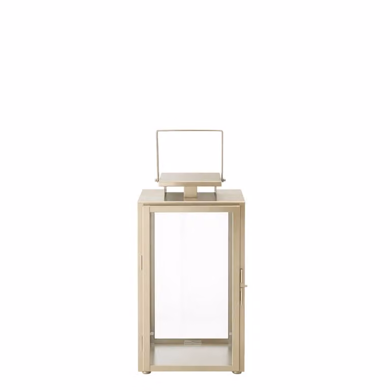 Farol decorativo de mesa Sia Deco en color dorado con vidrio y metal, diseño moderno rectangular, Altura: 30 cm