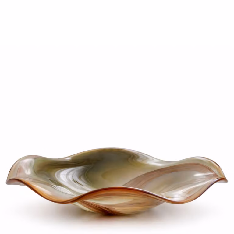 Plato decorativo de vidrio soplado Sia Deco en verde, amarillo y marrón con diseño boho y orgánico, Diámetro: 40,5 cm