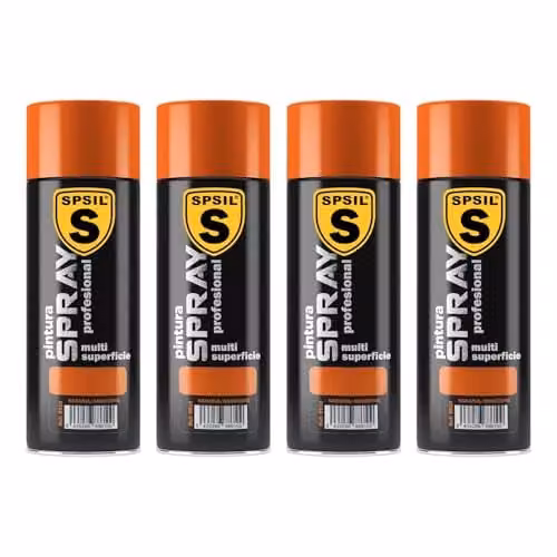 Pack de 4 unidades de Pintura Spray SPSIL Brillante Naranja de 200 ml para Metal, Madera y Plástico con Secado Rápido