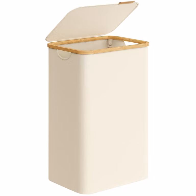 Cesto de ropa sucia plegable Songmics con tapa de bambú y forro de malla extraíble, 90 l, blanco y beige