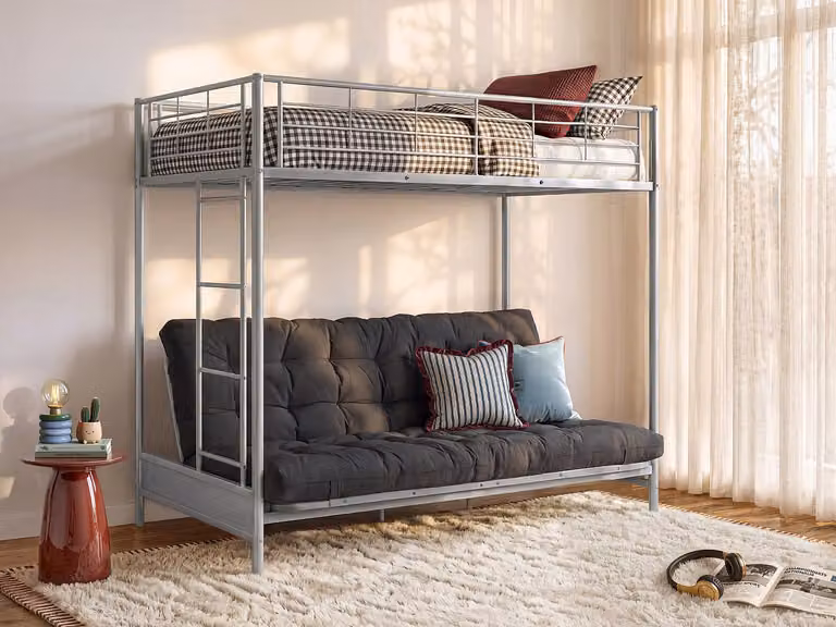 Cama alta de metal VENTE-UNIQUE color plata con banco convertible y futón negro de tela, An/P/Al: 90 x 190 x 170 cm