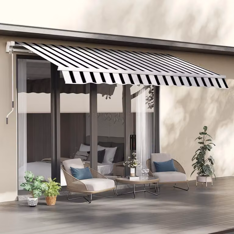 Toldo articulado manual Northio con manivela, montaje en pared, de aluminio y poliéster, color blanco y azul, An/P/Al: 395 x 245 cm