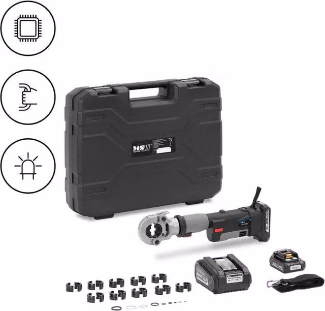 Herramienta de crimpado hidráulica MSW-PRTO1.0 para aluminio y cobre, prensado hexagonal de 60 kN con pantalla OLED y luz LED, color negro y gris