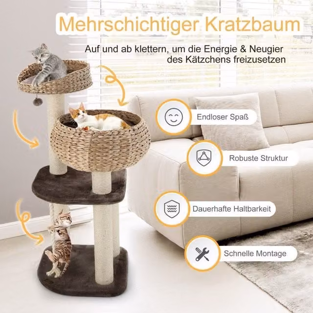 Árbol para gatos NORTHIO de madera color marrón con camas, juguetes integrados y columnas de sisal y jacinto de agua