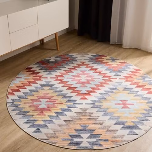 Alfombra Benuta Basic George Redonda Multicolor y Beige de 160 cm, Lavable y de Estilo Vintage para Salón, Comedor o Dormitorio