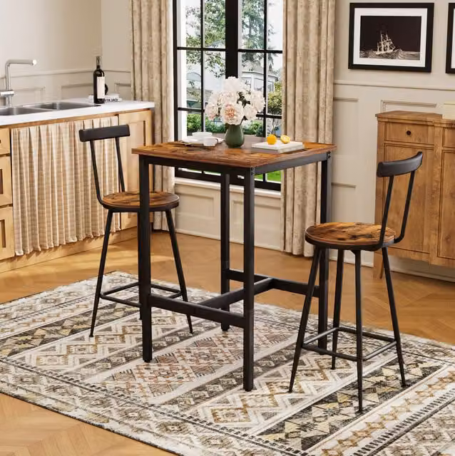 Conjunto de mesa alta y 2 taburetes BEAOK de estilo industrial en marrón y negro, An/P/Al: 60 x 60 x 92 cm