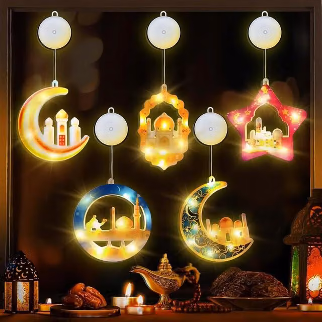 Juego de 5 luces LED Toprunyi para Ramadán y Eid Mubarak con ventosas en color blanco cálido y multicolor