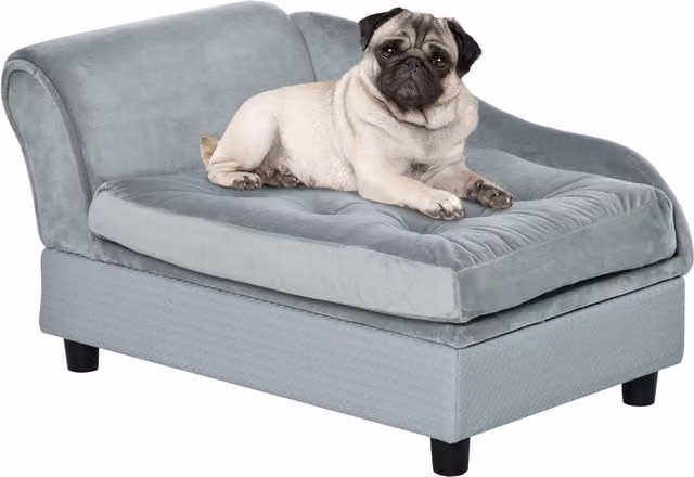 Sofá para perro NORTHIX de madera natural y terciopelo azul, An: 76 cm, Al: 45 cm