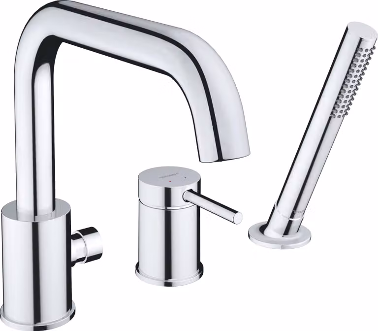 Grifo para bañera Duravit de latón con dos mandos y set de ducha en acabado cromado plata