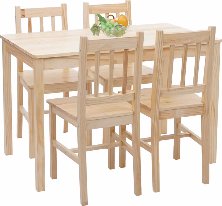 Juego de comedor Mendler de madera de pino con acabado lacado en color marrón y beige, estilo rústico, incluye mesa rectangular y 5 sillas