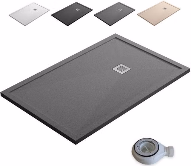 Plato de ducha rectangular de resina mineral BAÑO TOTAL con textura de piedra y acabado antideslizante en gris cemento, An: 70 cm, Al: 170 cm