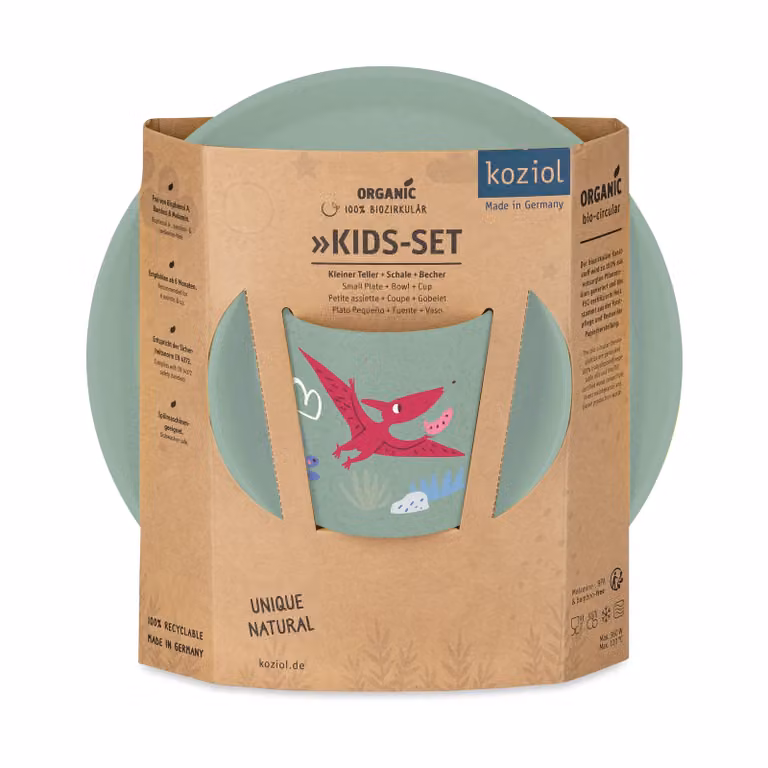 Vajilla infantil Koziol Connect de 3 piezas con diseño de dinosaurio en color verde