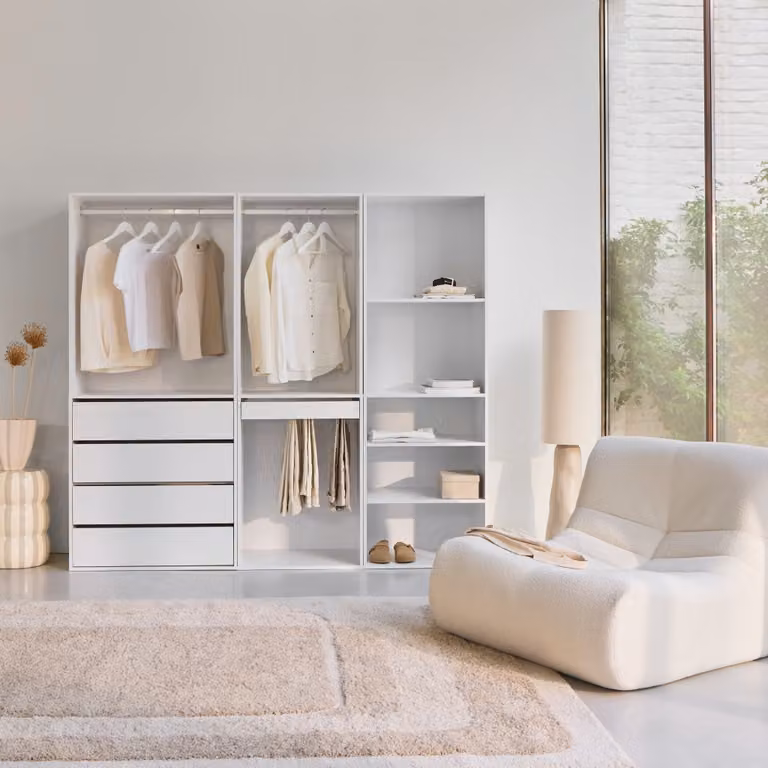 Armario modular SWEEEK de 3 elementos en blanco con estantes y cajones, An/P/Al: 200 x 45 x 180 cm