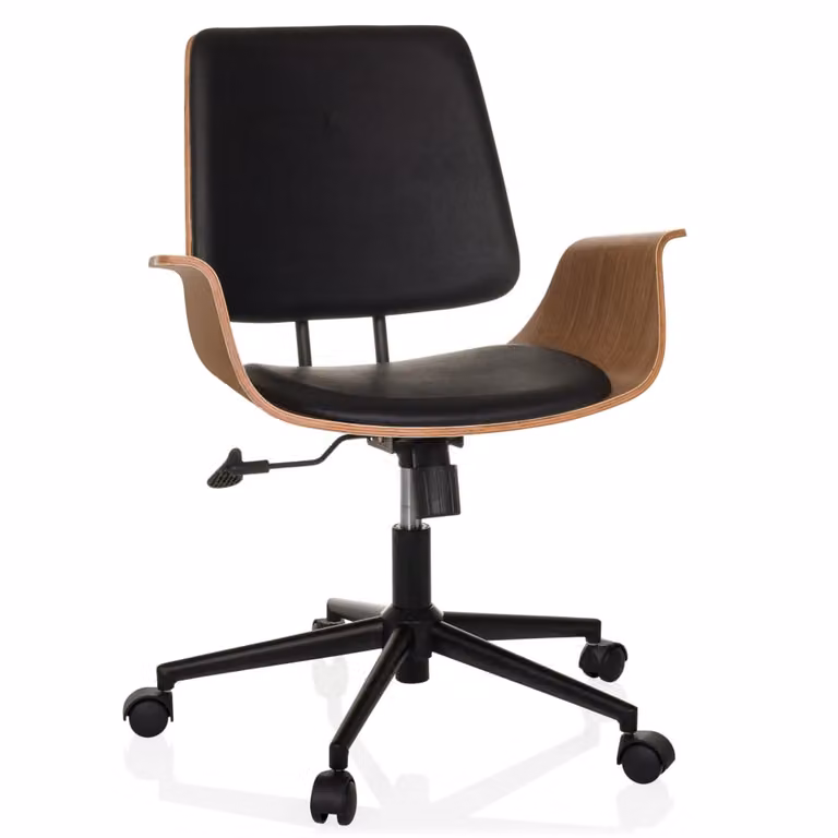 Silla de oficina hjh LIVING en piel sintética negra con estilo industrial y ruedas