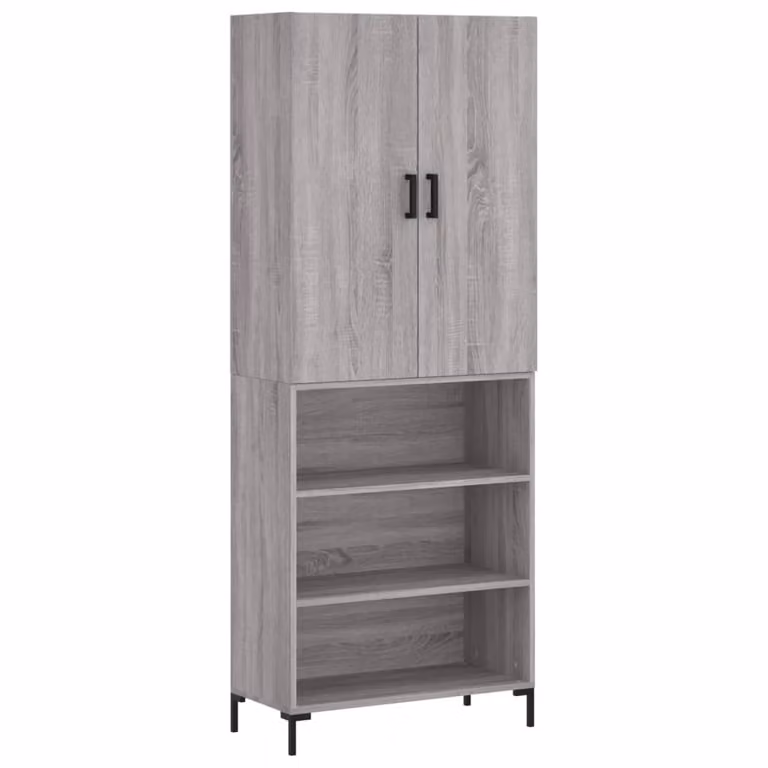 Aparador alto moderno vidaXL de madera y metal en color gris sonoma con puertas batientes y estantes internos, An: 69,5 cm, P: 34 cm, Al: 180 cm