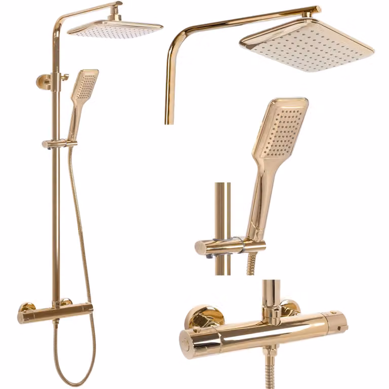 Conjunto de ducha termostático Rea TOM Gold con rociador de techo, alcachofa de mano y columna rígida de latón para montaje en pared, Altura: 120 cm
