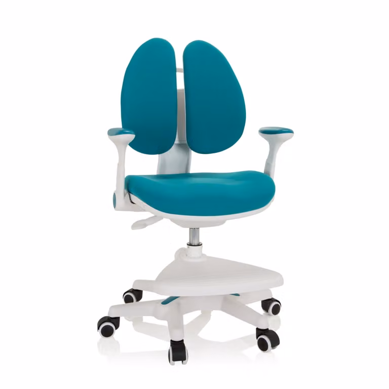 Silla de escritorio giratoria KID WING para niños en color azul con tapicería de tela y reposacabezas
