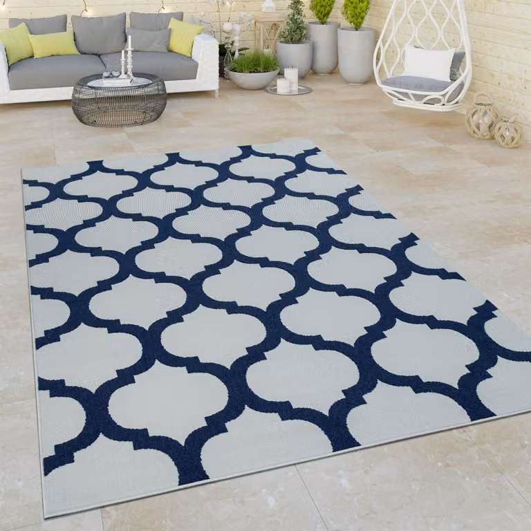 Alfombra Paco Home de tejido plano con diseño marroquí en 3D para interior y exterior, color blanco y azul, An/P: 120 x 170 cm