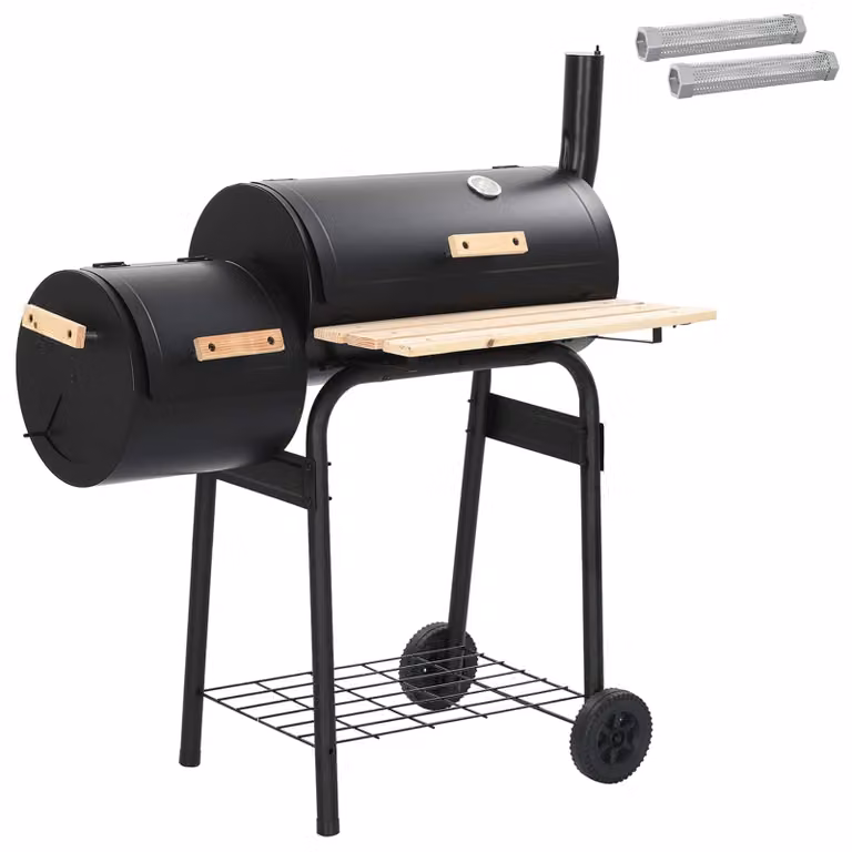 Parrilla al aire libre vidaXL con termómetro y quemador lateral en acero negro y madera, An/P/Al: 104 x 58 x 114 cm
