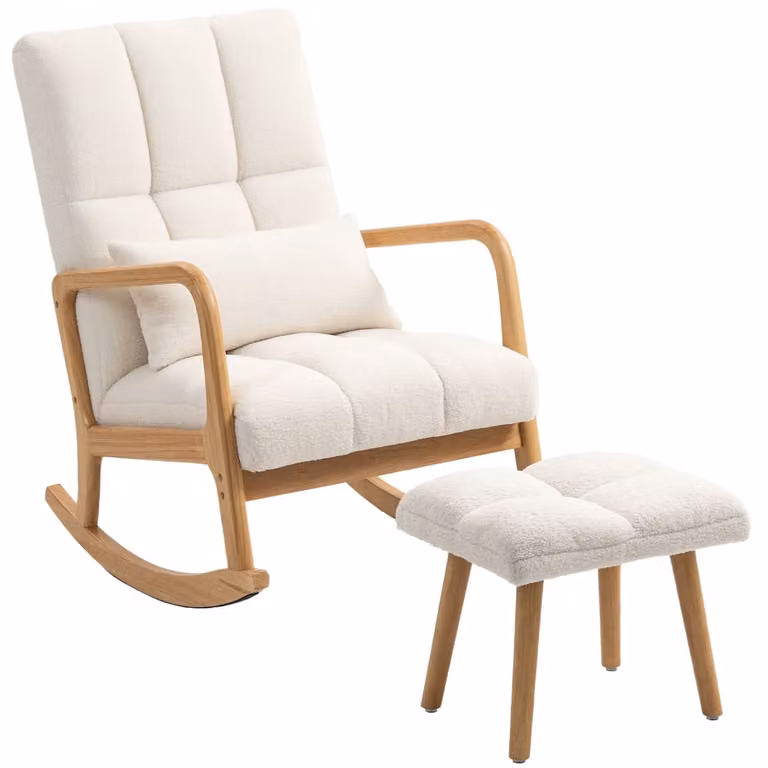 Silla mecedora Homcom de estilo escandinavo con tejido bouclé y madera de caucho en color blanco, incluye otomana, An/P/Al: 64.5 x 82 x 89 cm