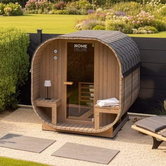 Sauna de exterior finlandesa Home Deluxe Cube Deluxe L en madera color marrón para 4 personas An/P/Al: 220 x 184 x 194 cm