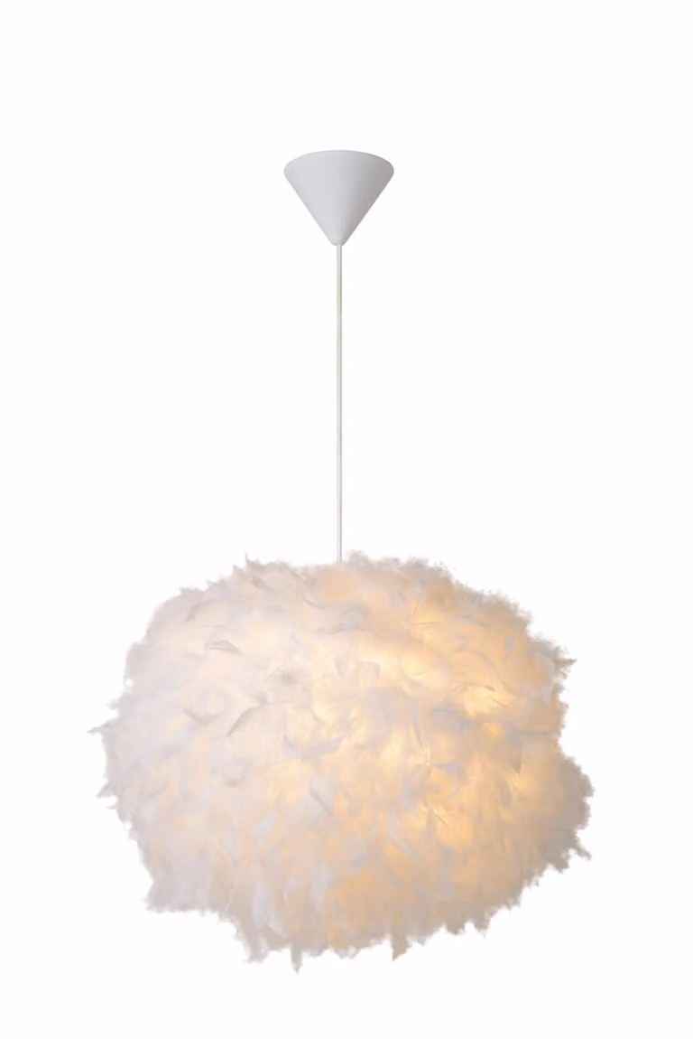 Lámpara colgante Lucide de estilo boho en color blanco con acabado de tela y aluminio, regulable en altura y compatible con bombillas E27, An/P/Al: 40 x 40 x 175 cm