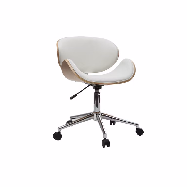 Silla de escritorio giratoria Miliboo de diseño moderno en color blanco y madera walnut con acabado en piel sintética