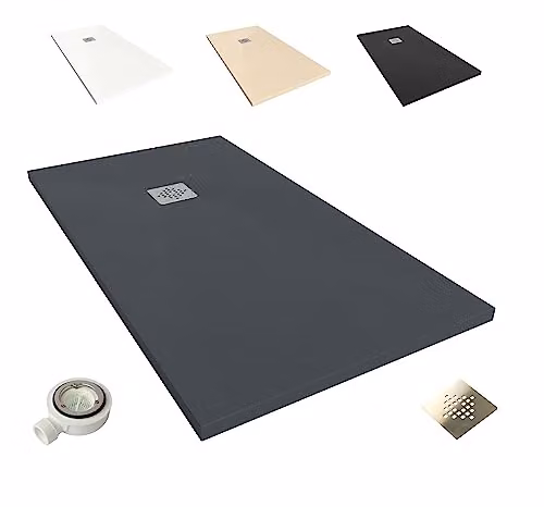 Plato de ducha rectangular NEBADOON de mineral cast antideslizante en color gris antracita An/P/Al: 80 x 170 x 3 cm