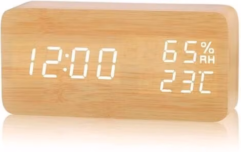 Reloj Digital de Madera Beige con Termómetro, Higrómetro y 3 Alarmas para Mesa