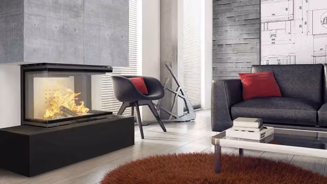 Inserto para chimenea de leña Azura Home Design Nolwenn de 7 kW con 3 lados acristalados, puerta de guillotina y acabado en negro, An/P/Al: 124,5 x 75,2 x 50,2 cm