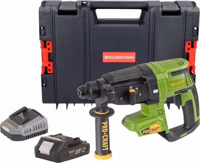 Martillo Perforador a Batería Procraft PHA40BB de 20 V con Motor Sin Escobillas, 2,6 J y Sistema SDS Plus, Incluye Batería de 2,0 Ah, Cargador y Maletín Rhino en Color Verde