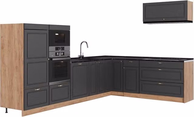Cocina esquinera Vicco Fame-Line en antracita y oro con acabado roble, An/P/Al: 327 x 227 cm
