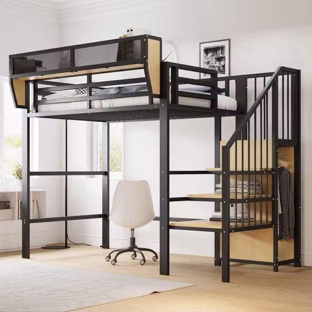 Cama Loft Individual MODENVIE en Metal y MDF con Escalera de Seguridad y Estante, Negro y Blanco, 90 x 200 cm
