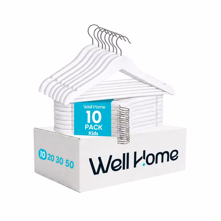 Set de 10 perchas infantiles de madera WELLHOME con gancho metálico blanco antideslizantes An/P/Al: 35,5 x 20 x 35,5 cm