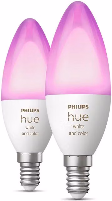 Pack de 2 bombillas inteligentes Philips Hue LED E14 forma vela multicolor RGB, 470 lúmenes, 4W, regulables y compatibles con Alexa y Google Assistant