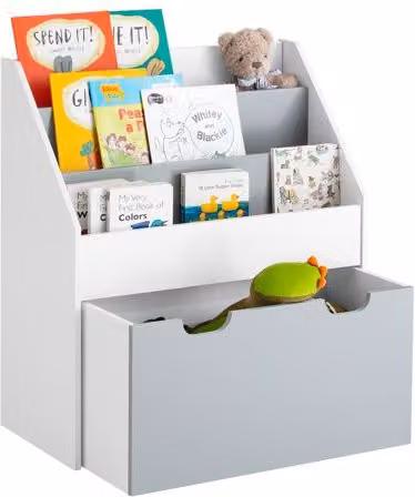 Librería infantil Sobuy con 3 estanterías y 1 cajón en blanco y gris, Altura: 70 cm