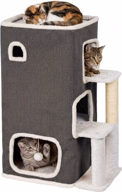 Casa para gatos Relaxdays de 3 niveles con cueva, rascador de sisal y pelota, color gris, An/P/Al: 83,5 x 43 x 34 cm